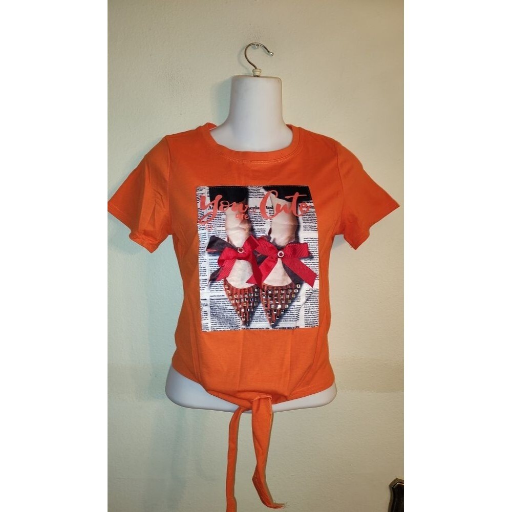 NWT Women K T Orange T Shirt with Rhinestones Shoes Size M Fits Size S See descr